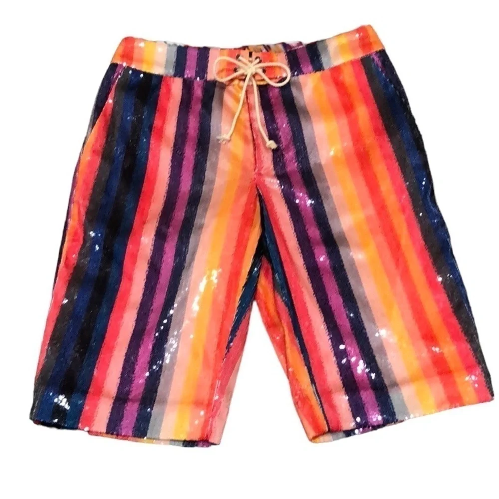 Le Superbe Epic Sequin Rainbow Striped Bermuda Shorts Size 0 - Picture 1 of 10